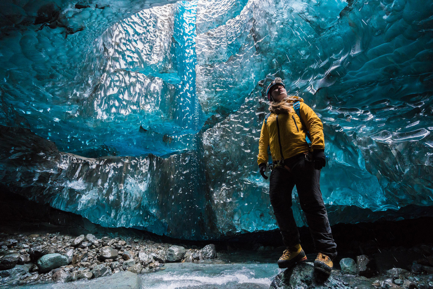 EMBARGOED FOR USE ONLINE AND PRINT UNTIL 00:01 26/11/15Guide Helen Maria is pictured inside the waterfall cave Photographer explores Vatnaj&ouml;kull glacie using Sony's back-illuminated full-frame sensor, Iceland - 25 Nov 2015 *Full story: http://www.rexfeatures.com/nanolink/rm22 Photographer Mikael Buck with assistance from renowned local Icelandic guide Einar Runar Sigurdsson, explored the frozen world of Vatnaj&ouml;kull glacier in Iceland using Sony's world first back-illuminated full-frame sensor, which features in the 7R II camera. His images were taken without use of a tripod or any image stitching techniques in photoshop. This was made possible through Sony's new sensor technology, allowing incredibly detailed low-light hand held photography. Previously images this detailed would have required carrying bulky equipment to the caves, some of which can require hiking and climbing over a glacier for up to two hours to to access. The images were taken without the use of any external sources - just the natural light that filters through the ice caves.  (Rex Features via AP Images)