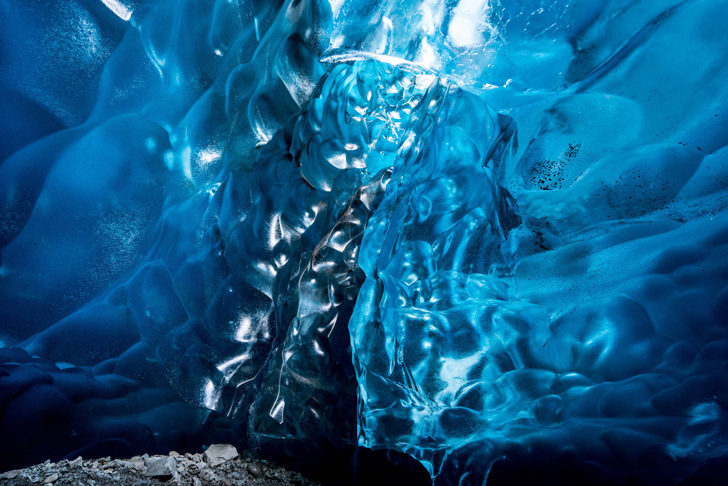 EMBARGOED FOR USE ONLINE AND PRINT UNTIL 00:01 26/11/15Inside the 'ABC cave' - which stands for Amazing Blue Cave Photographer explores Vatnaj&ouml;kull glacie using Sony's back-illuminated full-frame sensor, Iceland - 25 Nov 2015 *Full story: http://www.rexfeatures.com/nanolink/rm22 Photographer Mikael Buck with assistance from renowned local Icelandic guide Einar Runar Sigurdsson, explored the frozen world of Vatnaj&ouml;kull glacier in Iceland using Sony's world first back-illuminated full-frame sensor, which features in the 7R II camera. His images were taken without use of a tripod or any image stitching techniques in photoshop. This was made possible through Sony's new sensor technology, allowing incredibly detailed low-light hand held photography. Previously images this detailed would have required carrying bulky equipment to the caves, some of which can require hiking and climbing over a glacier for up to two hours to to access. The images were taken without the use of any external sources - just the natural light that filters through the ice caves.  (Rex Features via AP Images)