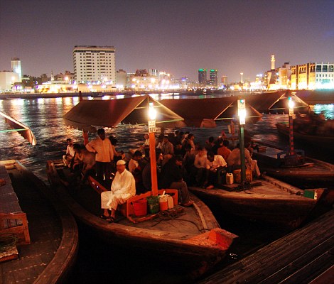 Dubai creek with abras in the foreground, UAE.