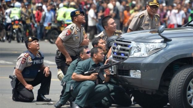 Multiple explosions, gunfire in central Jakarta, Indonesia near café & UN agency office