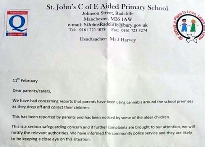 Primary school warns over parents ‘using cannabis’