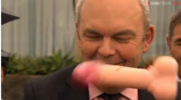 Flying penis slaps-down NZ MP Steven Joyce in Trans Pacific Partnership protest