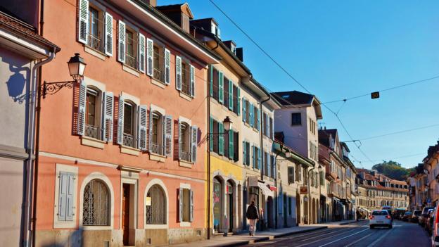 F4957X Street of Carouge, Little Italy district in Geneva, Switzerland,