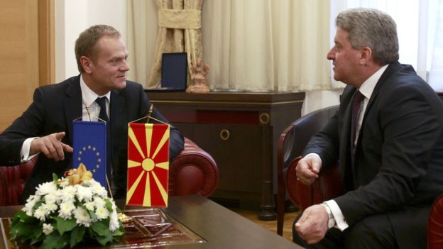 Mr Tusk, left, held talks with Macedonian President Gjorge Ivanov in Skopje on Wednesday