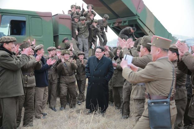 Earlier pictures released by North Korean news agency KCNA showed Kim Jong-un at what it said was the testing of a multiple launch rocket system 