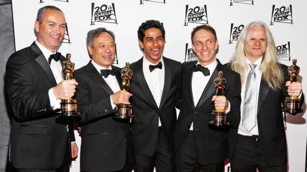 HOLLYWOOD, CA - FEBRUARY 24:  (L-R) Animation director Erik-Jan De Boer, director Ang Lee, actor Suraj Sharma, composer Mychael Danna, and cinematographer Claudio Miranda attend the 20th Century Fox And Fox Searchlight Pictures' Academy Award Nominees Celebration at Lure on February 24, 2013 in Hollywood, California.  (Photo by Imeh Akpanudosen/Getty Images)
