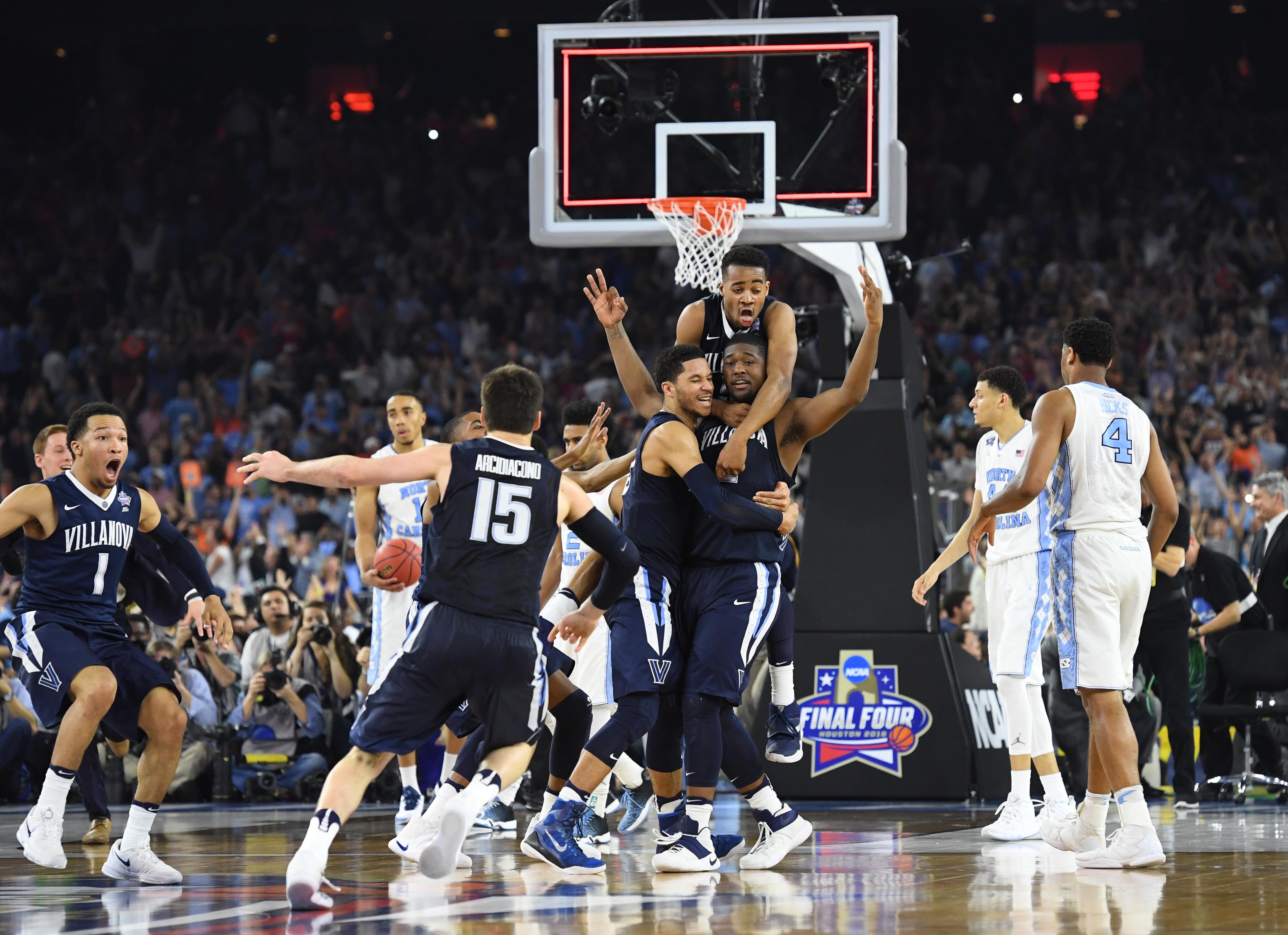 Apr 4, 2016; Houston, TX, USA; Villanova Wildcats forward Kris Jenkins (2) celebrates with teammates after making the game-winning shot against the North Carolina Tar Heels in the championship game of the 2016 NCAA Men's Final Four at NRG Stadium. Mandatory Credit: Robert Deutsch-USA TODAY Sports