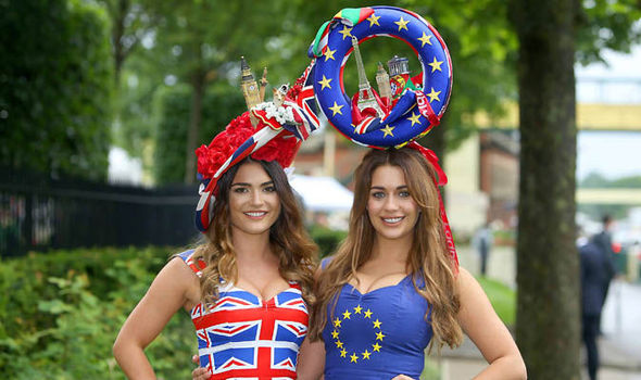But will it be a photo finish? Racegoers arrive at Royal Ascot in EU referendum outfits