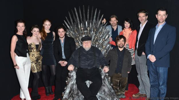 HOLLYWOOD, CA - MARCH 19:  Actors Michelle Fairley, Maisie Williams, Sophie Turner, Kit Harington, executive producer George R.R. Martin, actors Nikolaj Coster-Waldau, Peter Dinklage, Lena Headey, co-creator/executive producer David Banioff and co-creator/executive producer D.B. Weiss attend The Academy of Television Arts & Sciences'  Presents An Evening With 