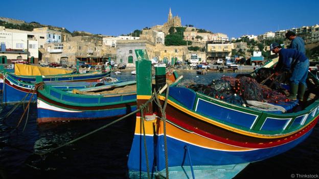 Fishing boats moored in harbor, Malta