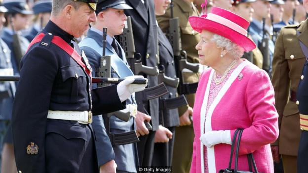 BERKHAMSTED, UNITED KINGDOM - MAY 06: (EMBARGOED FOR PUBLICATION IN UK NEWSPAPERS UNTIL 48 HOURS AFTER CREATE DATE AND TIME) Queen Elizabeth II inspects a Combined Cadet Force Guard of Honour as she visits Berkhamsted School on the occasion of the 475th Anniversary of its foundation on May 6, 2016 in Berkhamsted, England. (Photo by Max Mumby/Indigo/Getty Images)