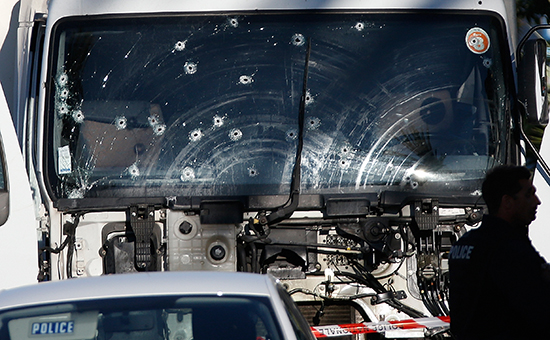 Bullet imacts are seen on the heavy truck the day after it ran into a crowd at high speed killing scores celebrating the Bastille Day July 14 national holiday on the Promenade des Anglais in Nice, France, July 15, 2016.      REUTERS/Eric Gaillard   - RTSI17P